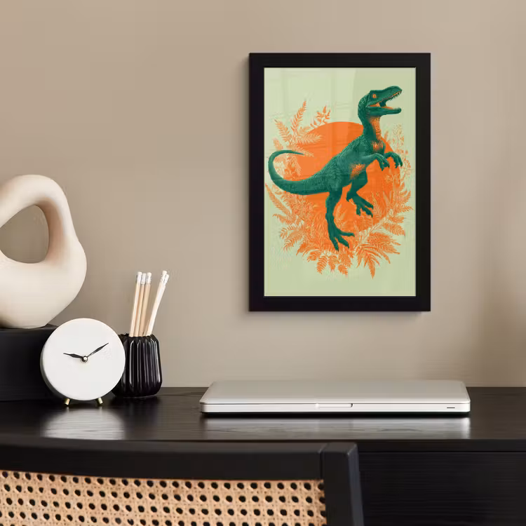 Dinosaurus - Groen - Planten - Cirkel fotolijst zwart zonder passe partout klein -sfeer1