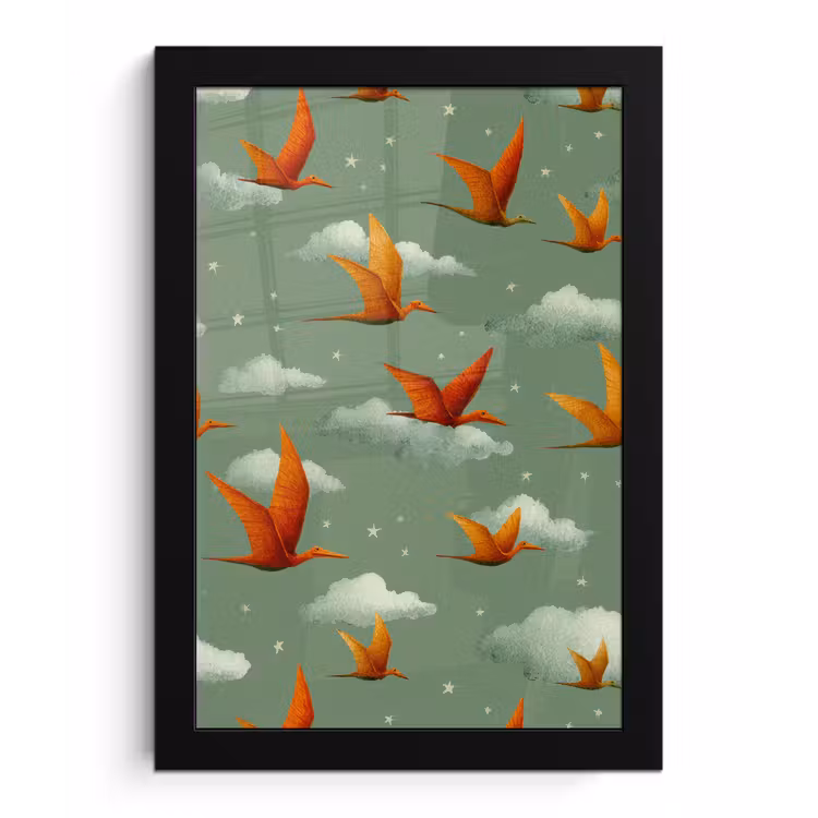 Dinosaurussen - Wolken - Sterren - Oranje fotolijst zwart zonder passe partout klein -3d