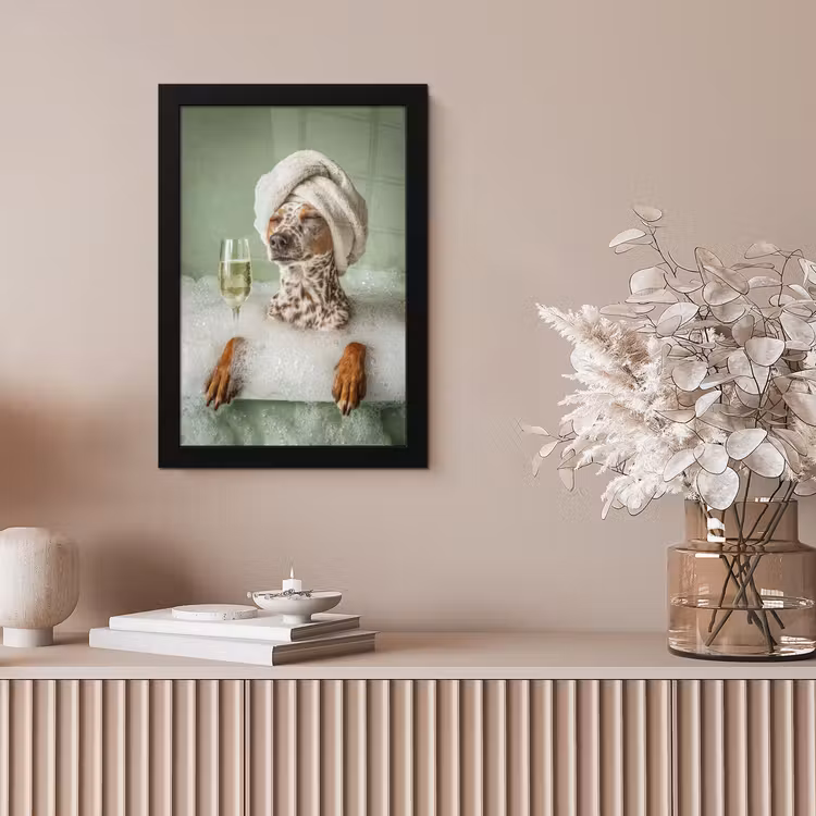 Hond - Bad - Champagne - Handdoek fotolijst zwart zonder passe partout klein -sfeer5
