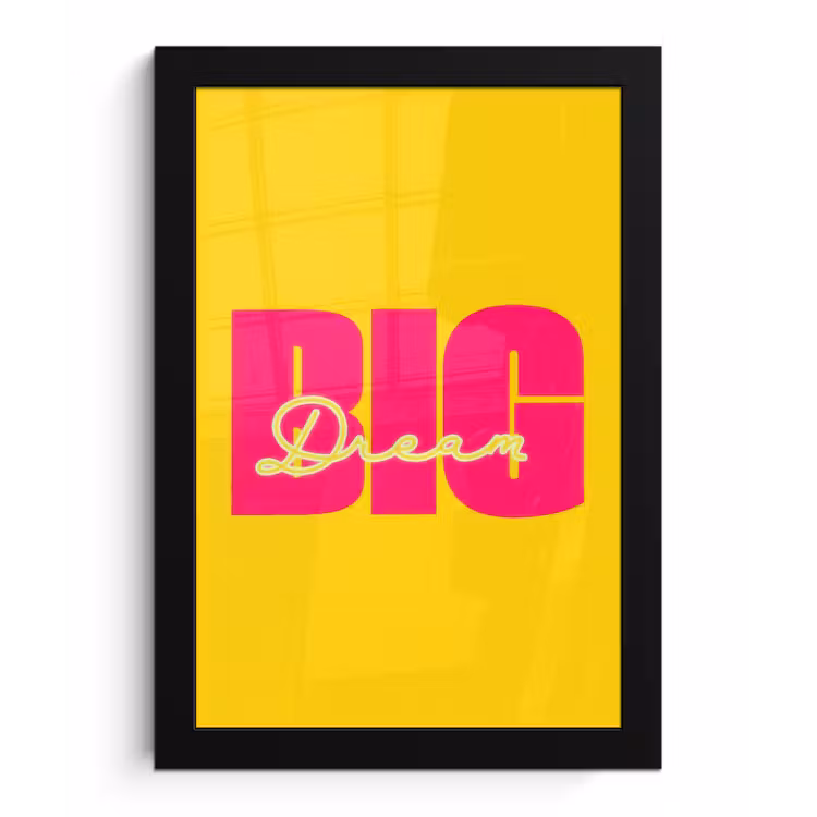 Dream big - Geel - Roze fotolijst zwart zonder passe partout klein -3d