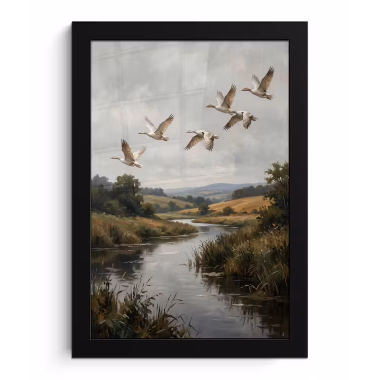 Eenden - Rivier - Landschap - Vlucht - Nostalgisch fotolijst zwart zonder passe partout klein -3d