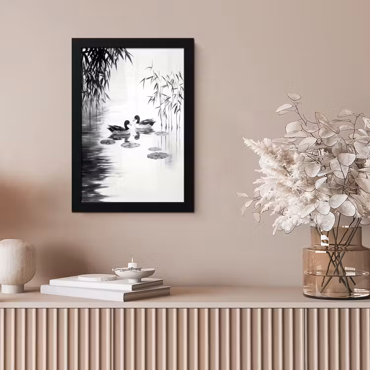 Eenden - Waterlelies - Riet - Zwart fotolijst zwart zonder passe partout klein -sfeer5
