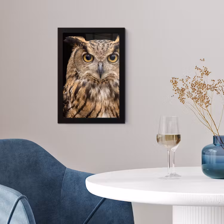 Oehoe - Uil - Portret - Bruin fotolijst zwart zonder passe partout klein -sfeer4