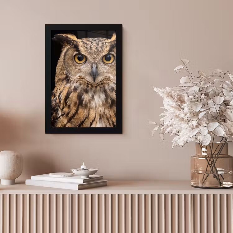 Oehoe - Uil - Portret - Bruin fotolijst zwart zonder passe partout klein -sfeer5
