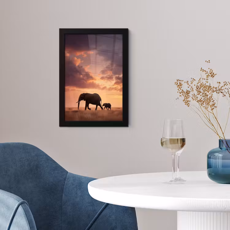 Olifanten - Grasland - Zonsondergang fotolijst zwart zonder passe partout klein -sfeer4