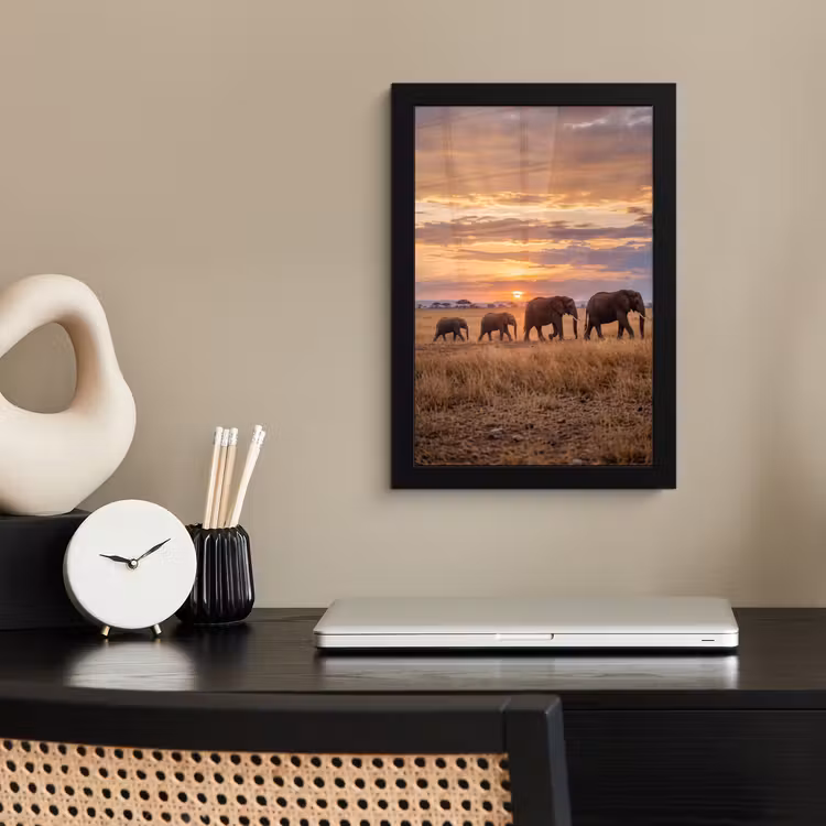 Olifanten - Savanne - Zonsondergang - Afrika - Warm fotolijst zwart zonder passe partout klein -sfeer1