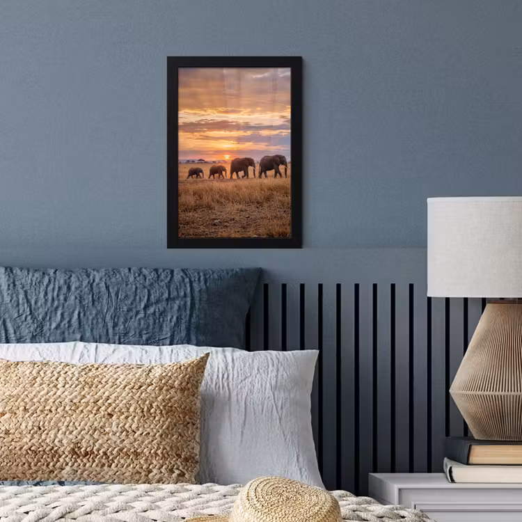 Olifanten - Savanne - Zonsondergang - Afrika - Warm fotolijst zwart zonder passe partout klein -sfeer3