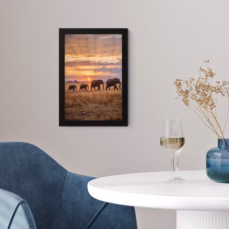 Olifanten - Savanne - Zonsondergang - Afrika - Warm fotolijst zwart zonder passe partout klein -sfeer4