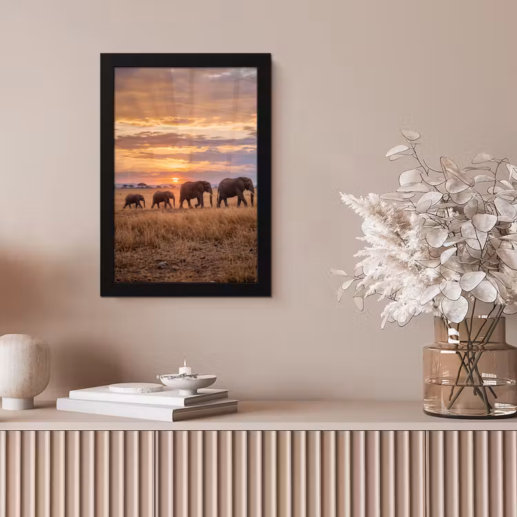 Olifanten - Savanne - Zonsondergang - Afrika - Warm fotolijst zwart zonder passe partout klein -sfeer5