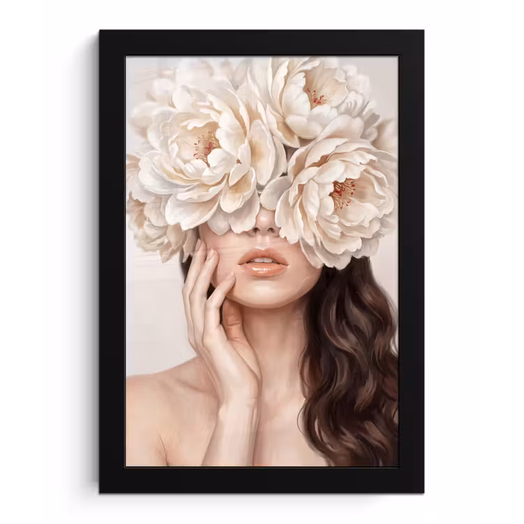 Gezicht - Pioenrozen - Crème fotolijst zwart zonder passe partout klein -3d