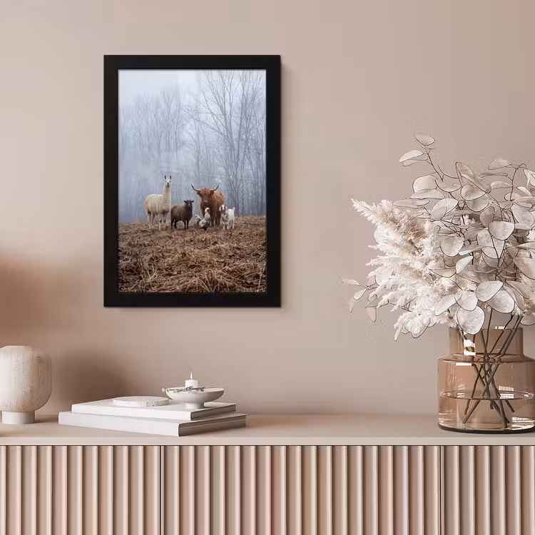 Boerderijdieren - Groep - Mist - Natuur - Rustiek fotolijst zwart zonder passe partout klein -sfeer5