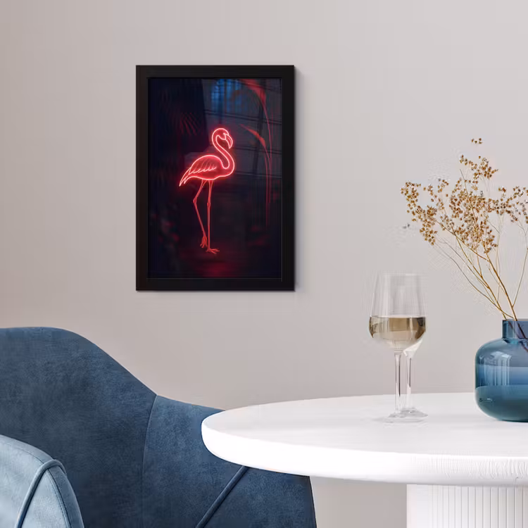 Flamingo - Roze - Neon - Licht fotolijst zwart zonder passe partout klein -sfeer4