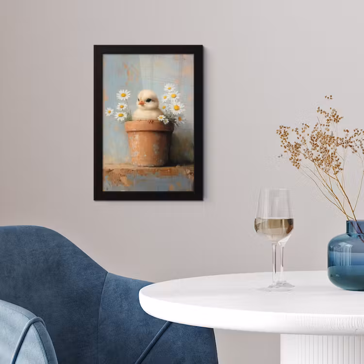 Bloempot - Kuiken - Bloemetjes fotolijst zwart zonder passe partout klein -sfeer4