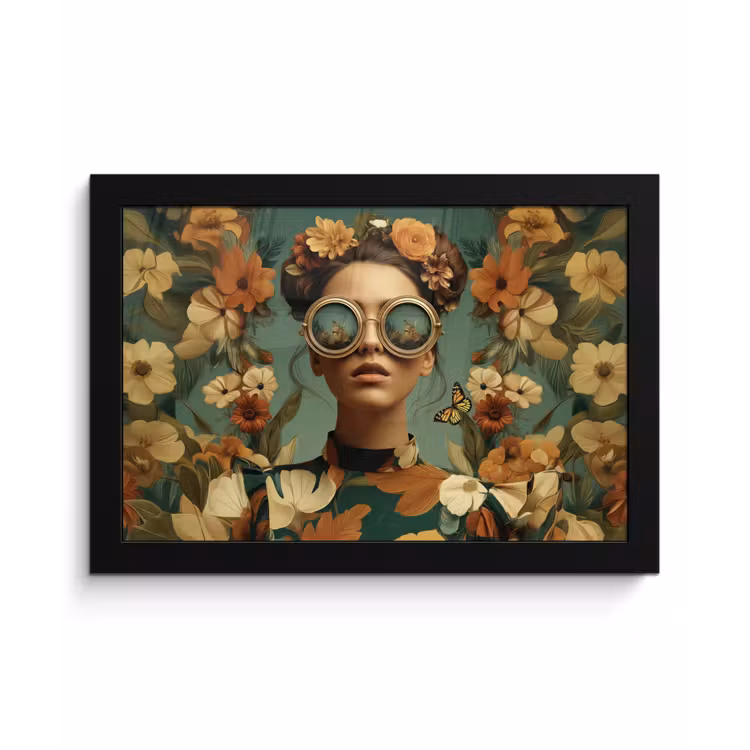 Bloemenkrans - Vrouwengezicht - Zonnebril - Oranje fotolijst zwart zonder passe partout klein -3d