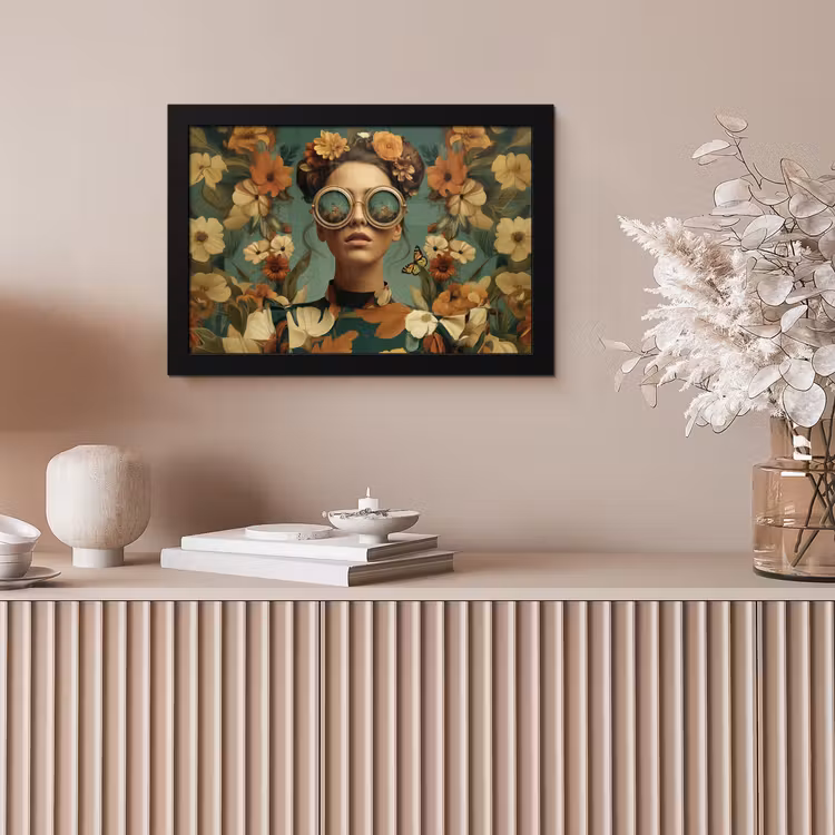 Bloemenkrans - Vrouwengezicht - Zonnebril - Oranje fotolijst zwart zonder passe partout klein -sfeer5