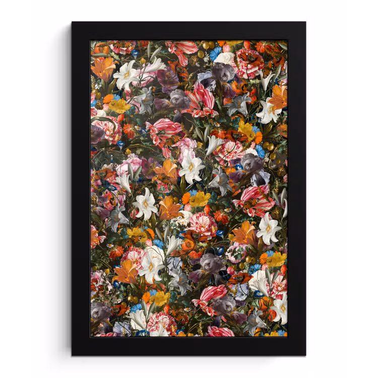 Bloemen - Vlinder - Design - Kunst - Abstract - Schilderij - Oude meesters fotolijst zwart zonder passe partout klein -3d
