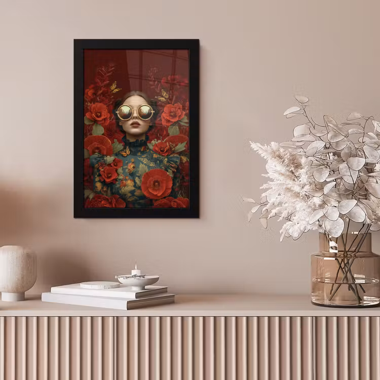 Bloemen - Dieprood - Zonnebril - Vrouw fotolijst zwart zonder passe partout klein -sfeer5