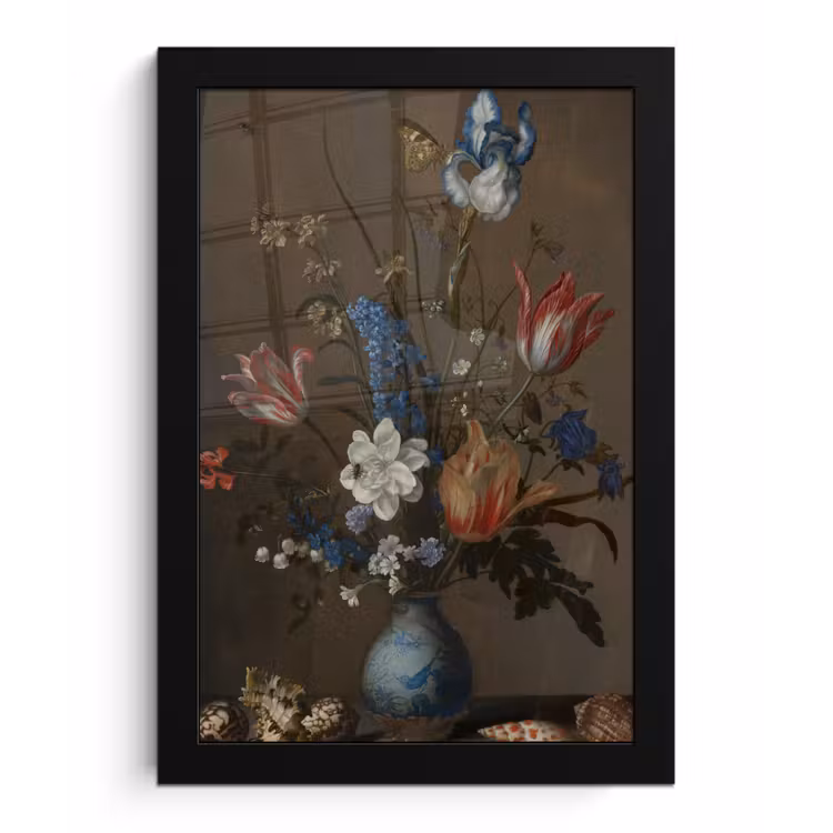 Bloemen in een Wan-Li vaas en schelpen - Schilderij van Balthasar van der Ast fotolijst zwart zonder passe partout klein -3d