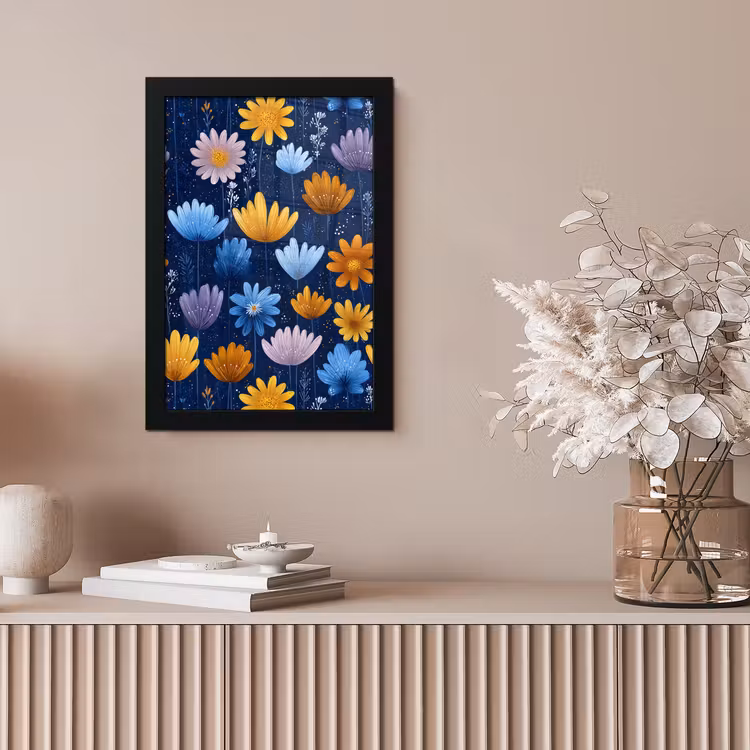 Bloemen - Patroon - Blauw - Contrast fotolijst zwart zonder passe partout klein -sfeer5