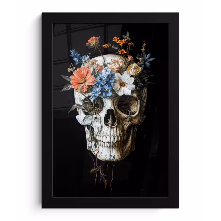 Bloemen - Schedel - Kleurrijk fotolijst zwart zonder passe partout klein -3d