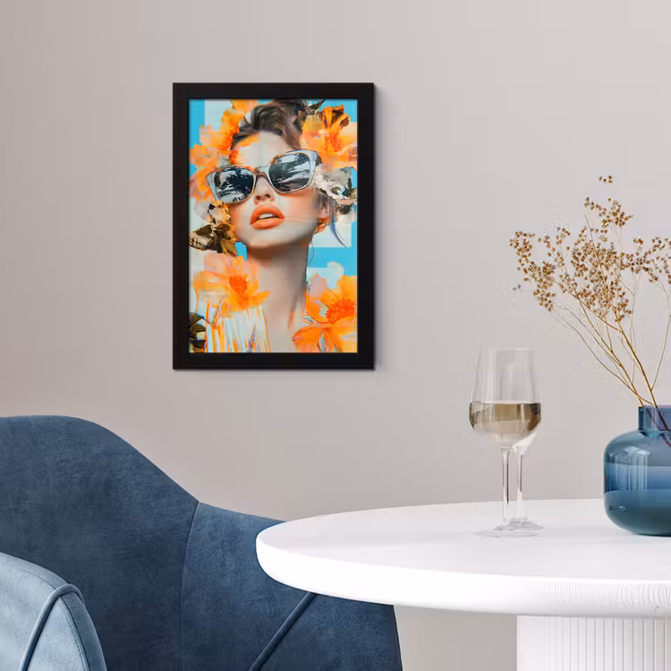 Bloemen - Vrouw - Zonnebril - Blauw fotolijst zwart zonder passe partout klein -sfeer4