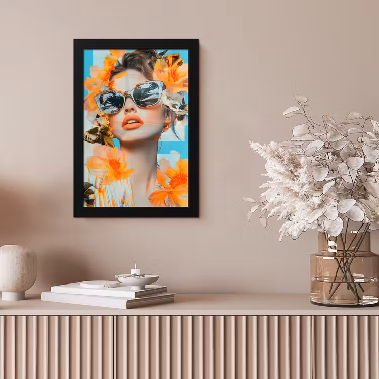 Bloemen - Vrouw - Zonnebril - Blauw fotolijst zwart zonder passe partout klein -sfeer5