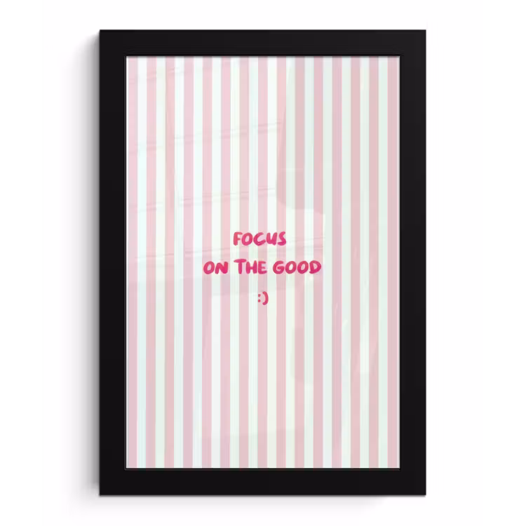 Focus on the good - Strepen - Roze - Smiley fotolijst zwart zonder passe partout klein -3d