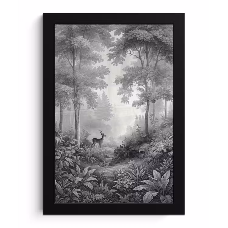Bos - Hert - Zwart - Wit fotolijst zwart zonder passe partout klein -3d