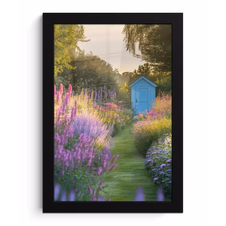 Tuinhuisje - Blauw - Bloemen fotolijst zwart zonder passe partout klein -3d