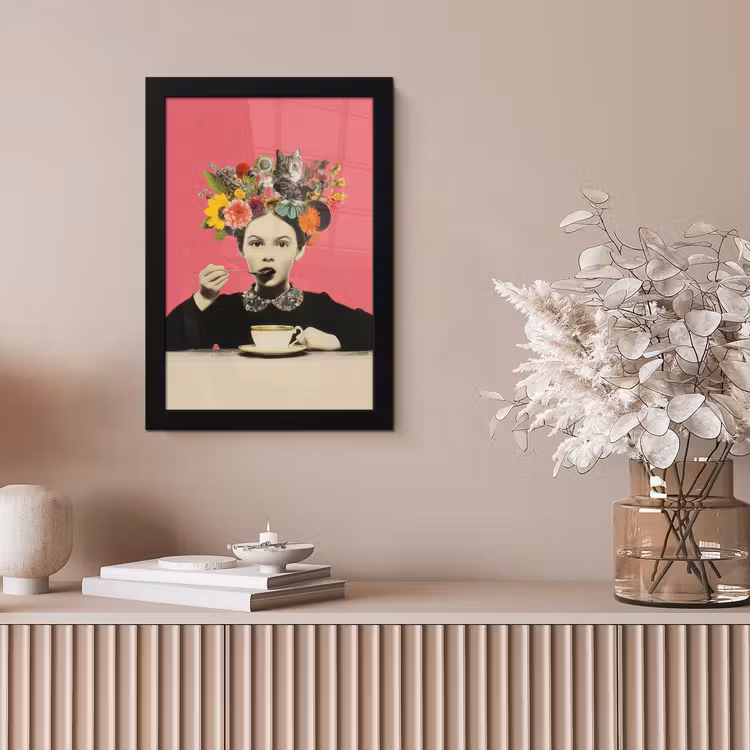Meisje - Kopje - Bloemen - Roze fotolijst zwart zonder passe partout klein -sfeer5