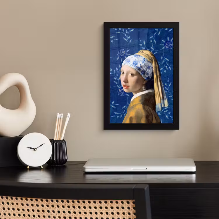 Meisje met de parel - Delfts blauw - Vermeer - Bloemen - Schilderij - Oude meesters fotolijst zwart zonder passe partout klein -sfeer1