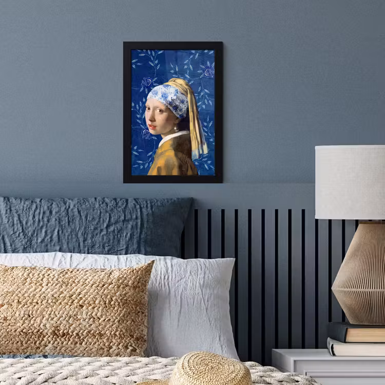 Meisje met de parel - Delfts blauw - Vermeer - Bloemen - Schilderij - Oude meesters fotolijst zwart zonder passe partout klein -sfeer3
