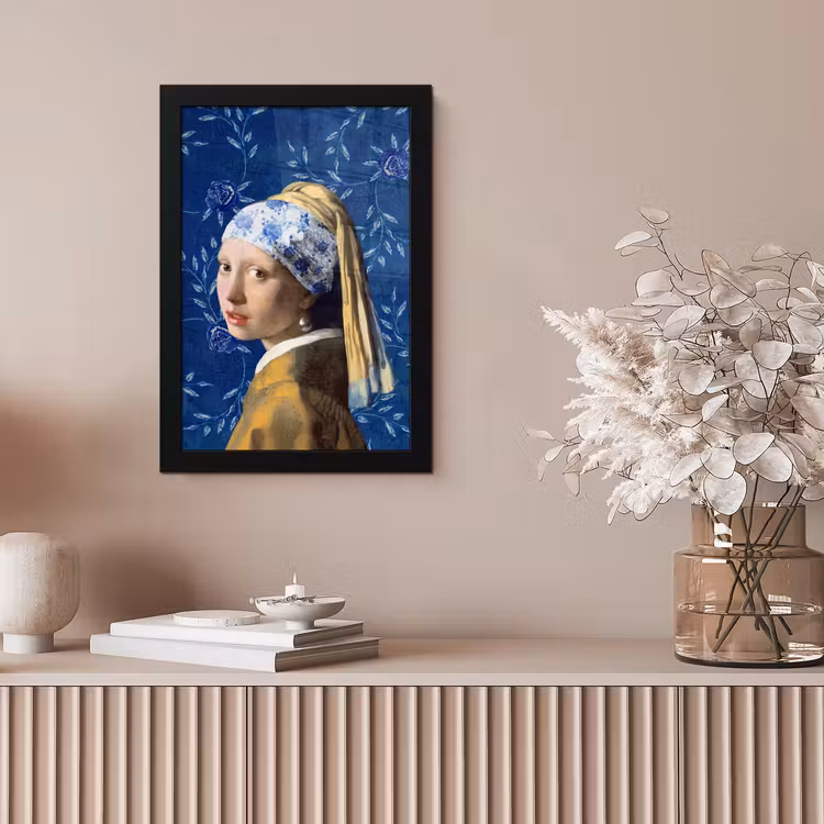 Meisje met de parel - Delfts blauw - Vermeer - Bloemen - Schilderij - Oude meesters fotolijst zwart zonder passe partout klein -sfeer5