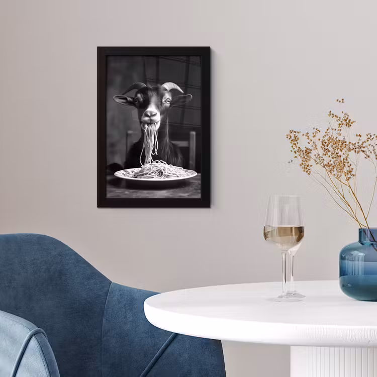 Geit - Bord - Spaghetti - Zwart Wit fotolijst zwart zonder passe partout klein -sfeer4