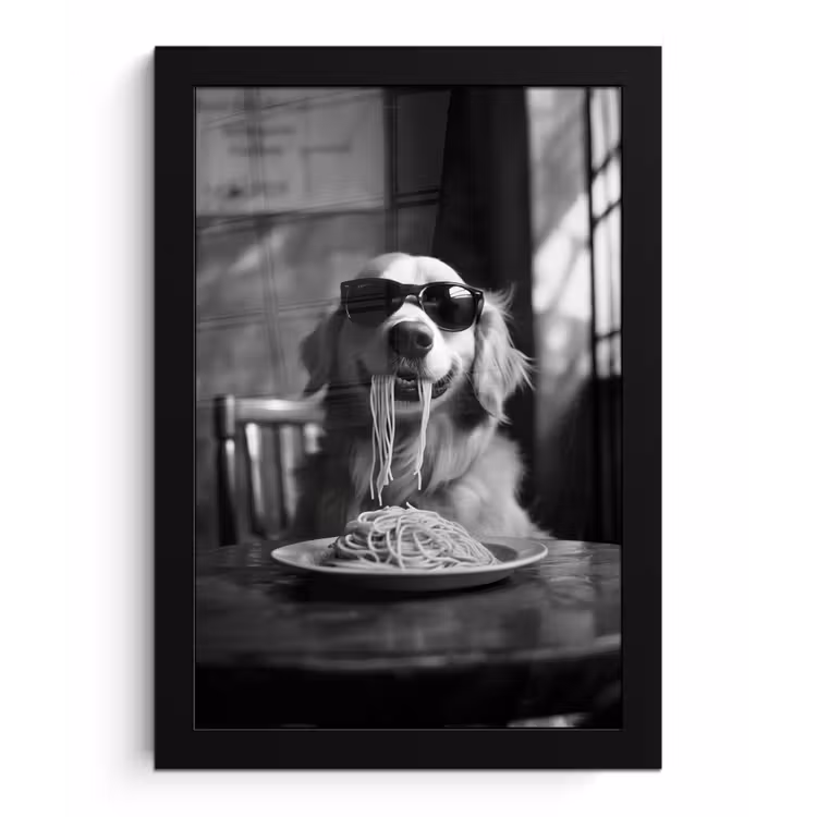 Golden Retriever - Hond - Vrolijk - Bord spaghetti - Zwart - wit fotolijst zwart zonder passe partout klein -3d