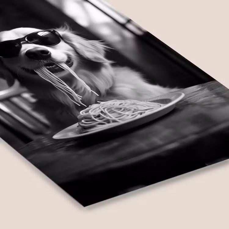 Golden Retriever - Hond - Vrolijk - Bord spaghetti - Zwart - wit fotolijst zwart zonder passe partout klein -zsfeer6
