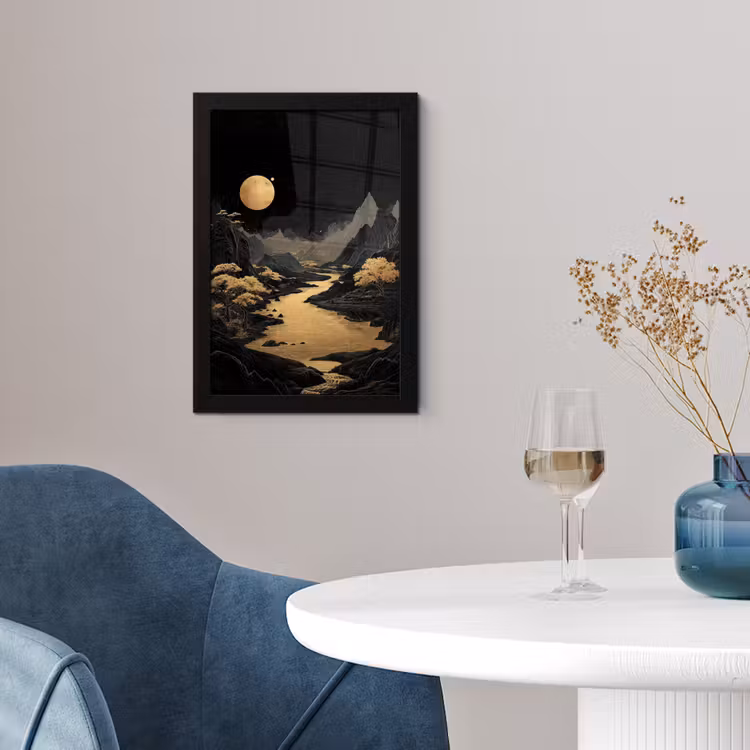 Gouden rivier - Bergen - Maan - Sterrenhemel fotolijst zwart zonder passe partout klein -sfeer4