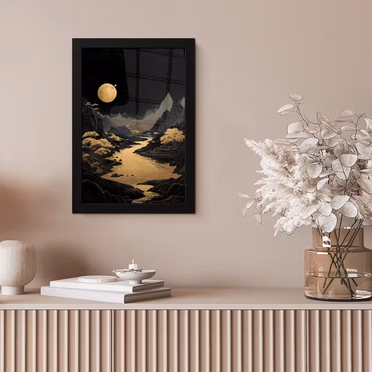 Gouden rivier - Bergen - Maan - Sterrenhemel fotolijst zwart zonder passe partout klein -sfeer5