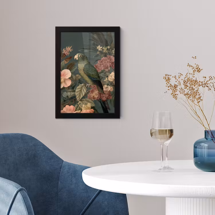 Groene papegaai - Kleurrijke bloemen - Donkere achtergrond fotolijst zwart zonder passe partout klein -sfeer4