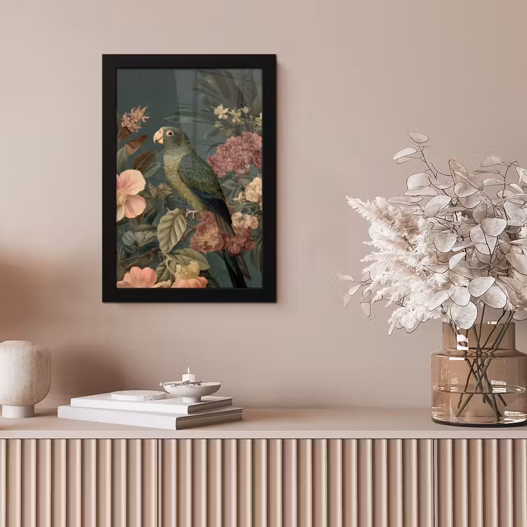 Groene papegaai - Kleurrijke bloemen - Donkere achtergrond fotolijst zwart zonder passe partout klein -sfeer5