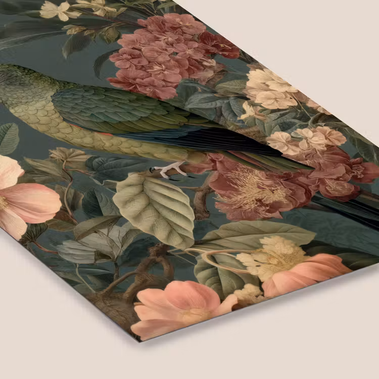 Groene papegaai - Kleurrijke bloemen - Donkere achtergrond fotolijst zwart zonder passe partout klein -zsfeer6