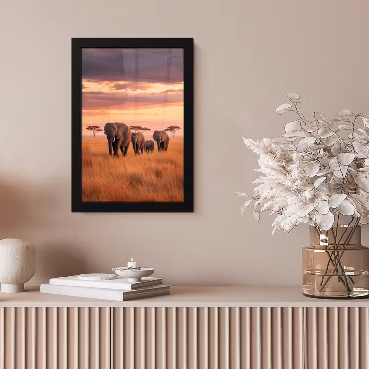 Groep olifanten - Open vlakte - Zon fotolijst zwart zonder passe partout klein -sfeer5
