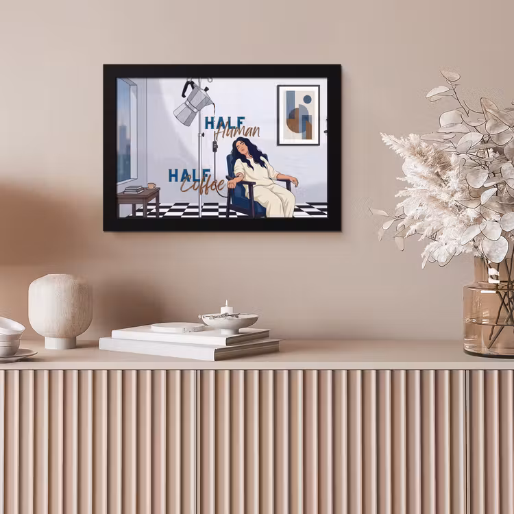Half human, Half Coffee - Infuus - Koffie fotolijst zwart zonder passe partout klein -sfeer5