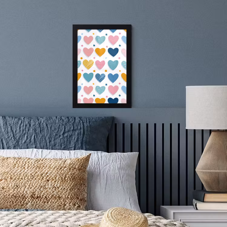 Hartjes - Pastel - Kleurcontrast - Handgetekend fotolijst zwart zonder passe partout klein -sfeer3