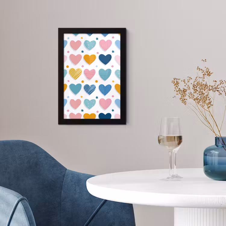 Hartjes - Pastel - Kleurcontrast - Handgetekend fotolijst zwart zonder passe partout klein -sfeer4
