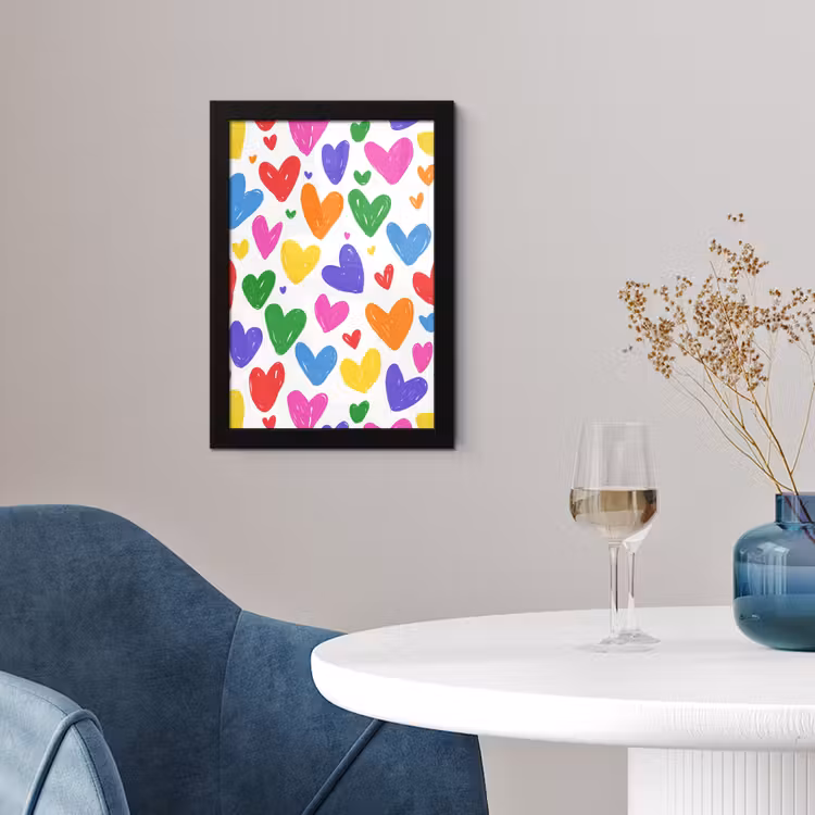 Hartjes - Patroon - Kleurrijk - Tekening fotolijst zwart zonder passe partout klein -sfeer4