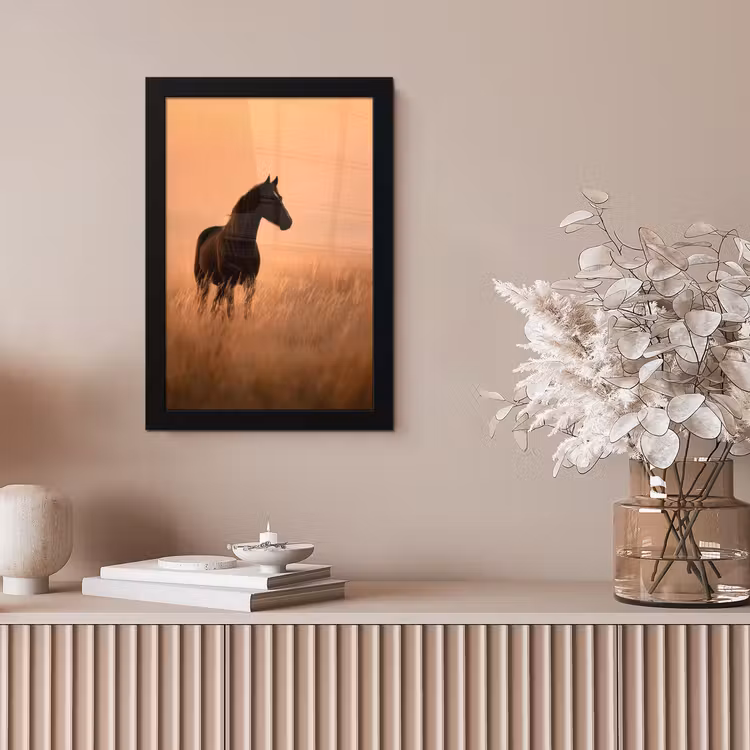 Paard - Grasveld - Zonsondergang fotolijst zwart zonder passe partout klein -sfeer5