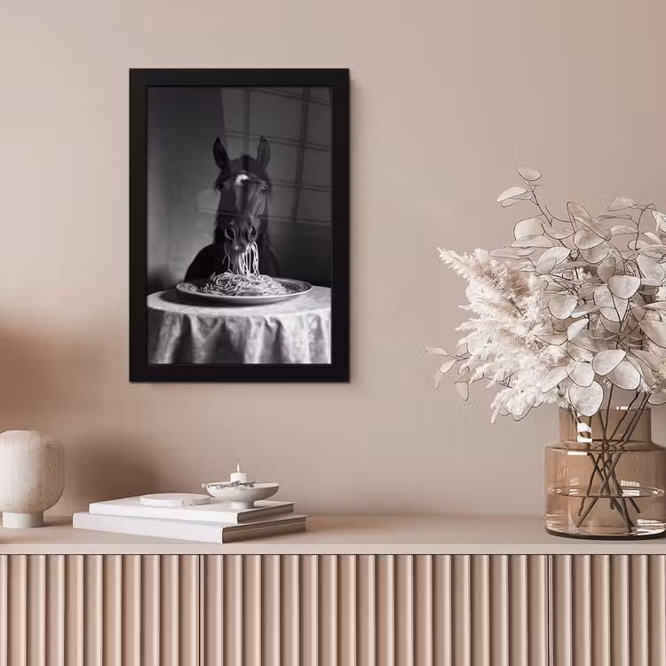 Paard - Bord - Pasta - Tafelkleed - Zwart Wit - Dieren fotolijst zwart zonder passe partout klein -sfeer5
