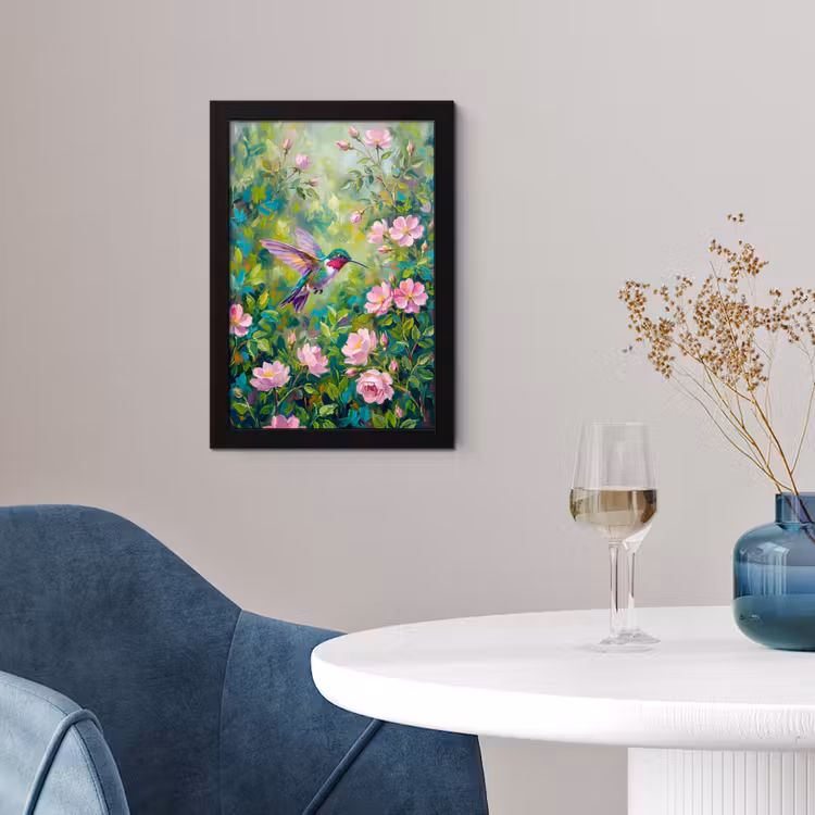 Kolibrie - Bloemen - Natuur - Kleurrijk fotolijst zwart zonder passe partout klein -sfeer4