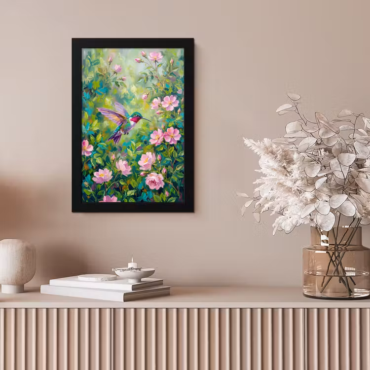 Kolibrie - Bloemen - Natuur - Kleurrijk fotolijst zwart zonder passe partout klein -sfeer5
